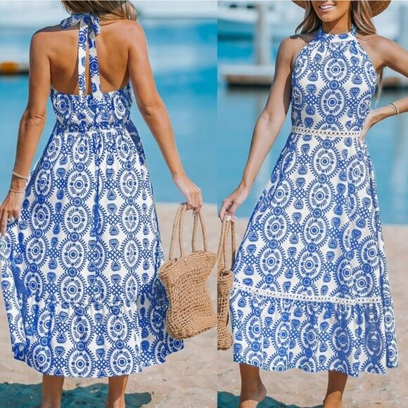 NEW XL CUPSHE HALTER FLORAL MAXI BLUE WHITE COASTAL OPEN BACK DRESS NWT - Picture 1 of 5